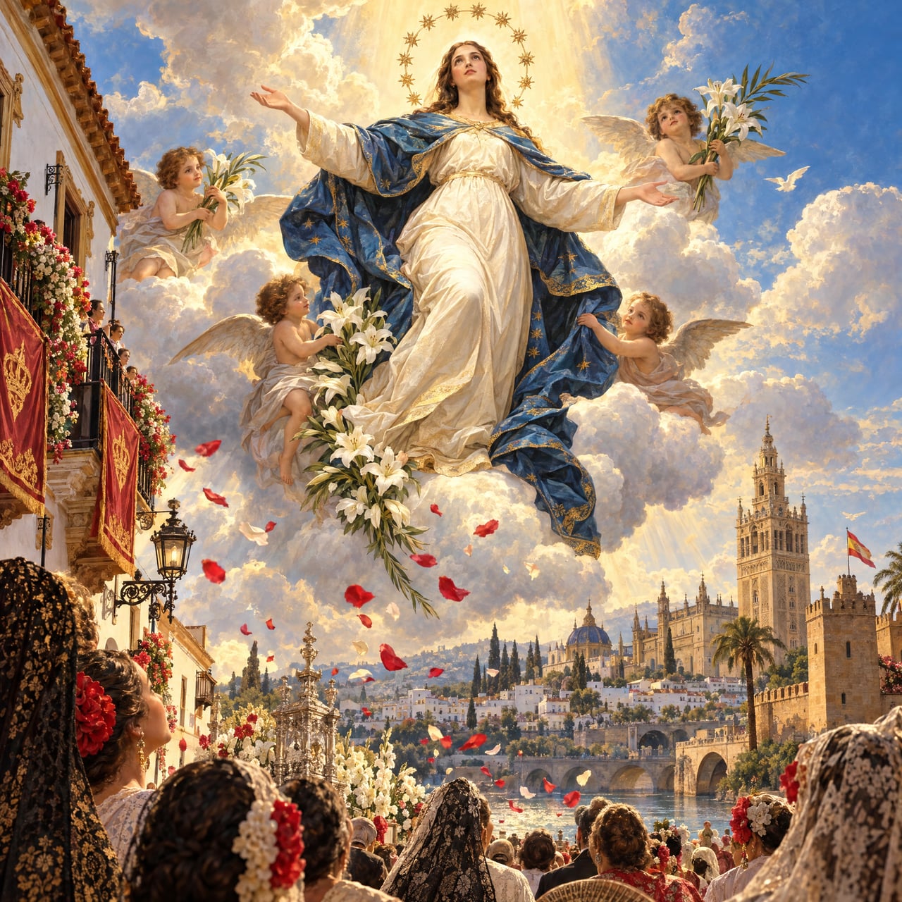 Asunción: Virgen luminosa entre nubes y lirios
