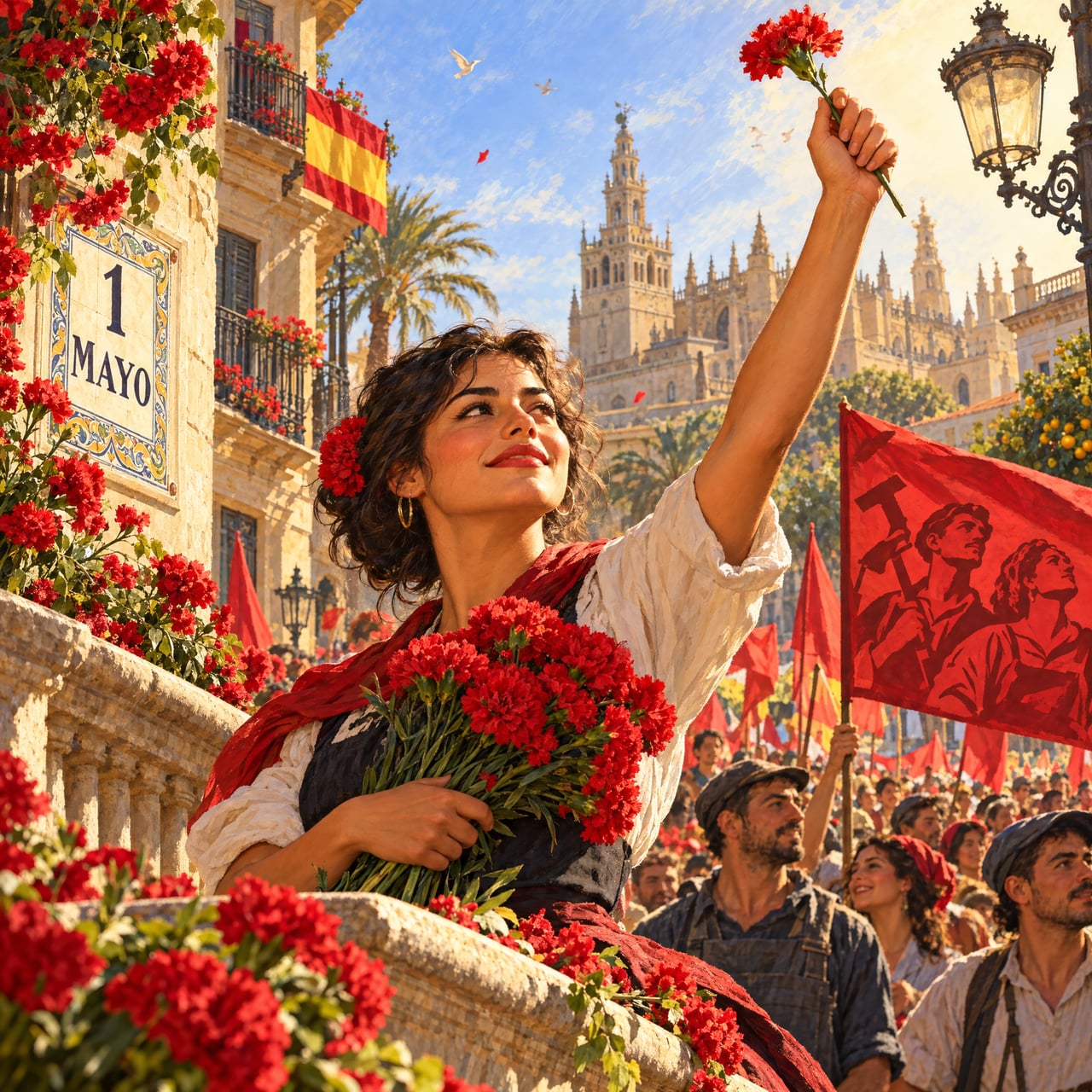 Fiesta del Trabajo: claveles rojos y pancartas en una plaza española