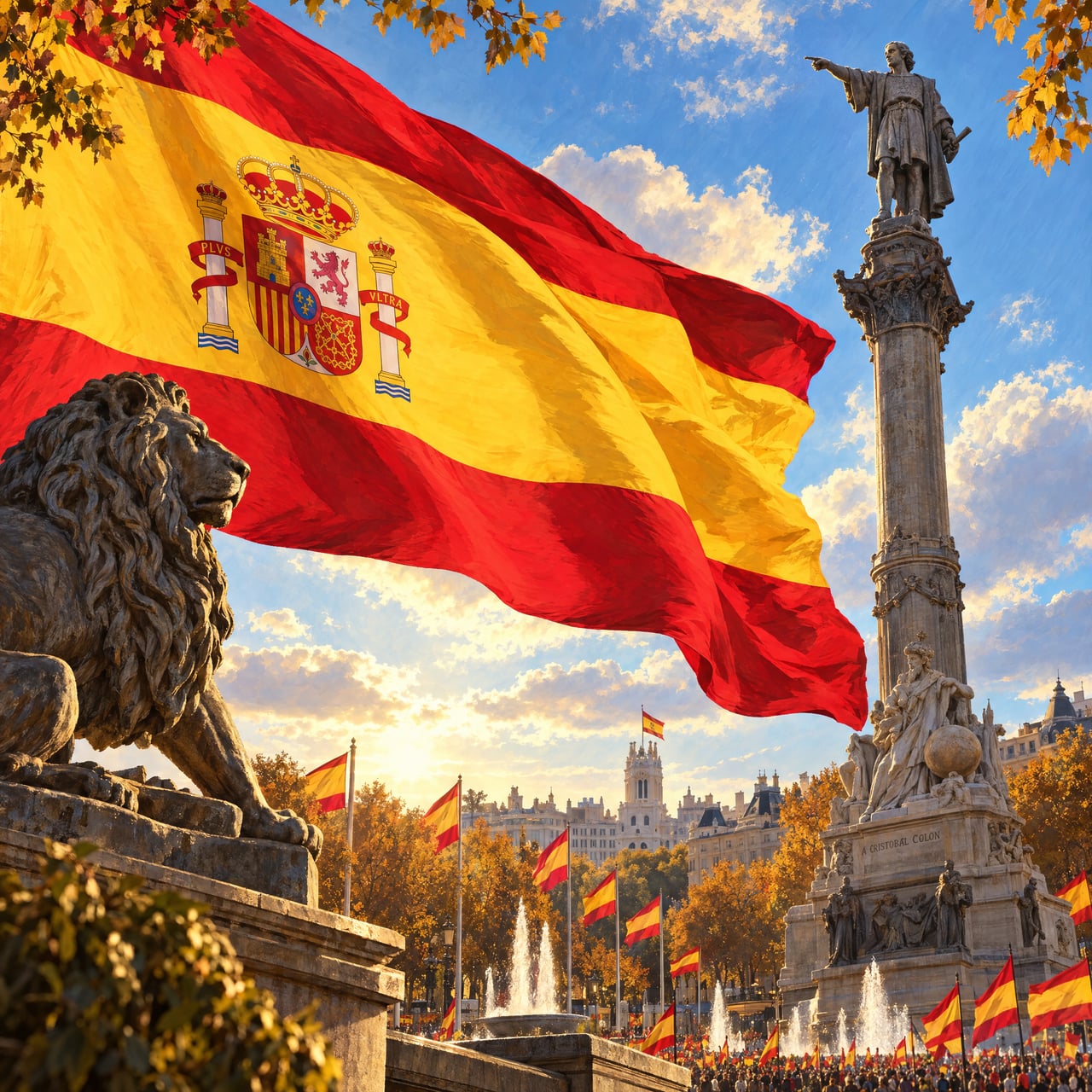 Fiesta Nacional: bandera de España ondeando sobre una plaza madrileña soleada