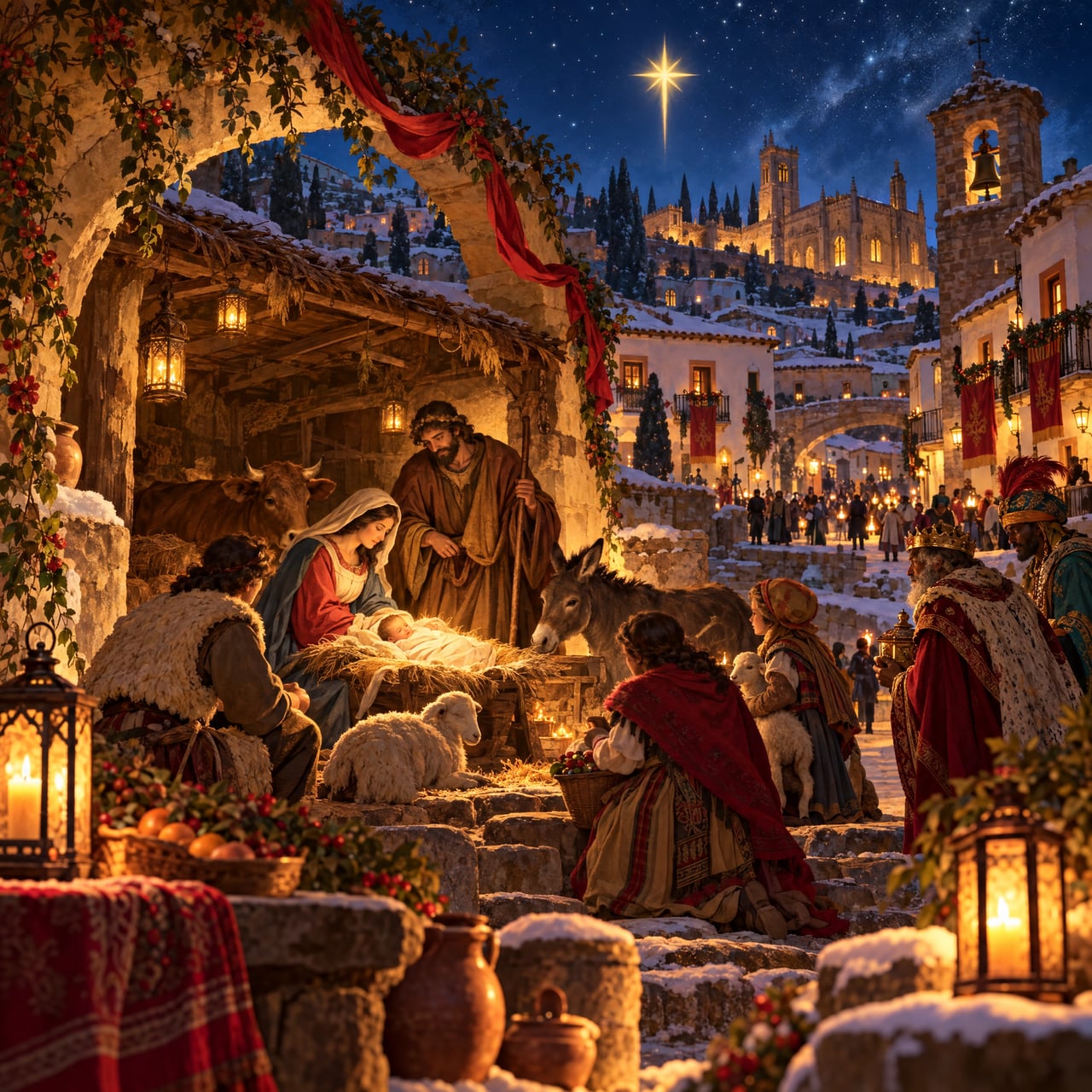 Noche de Navidad en España: belén iluminado y plaza de pueblo bajo estrellas