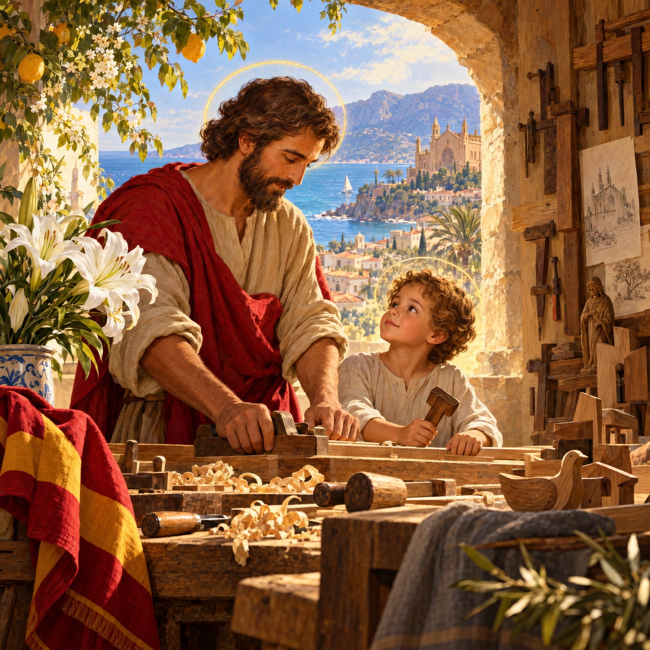 San José: taller de carpintero, lirios y luz de primavera