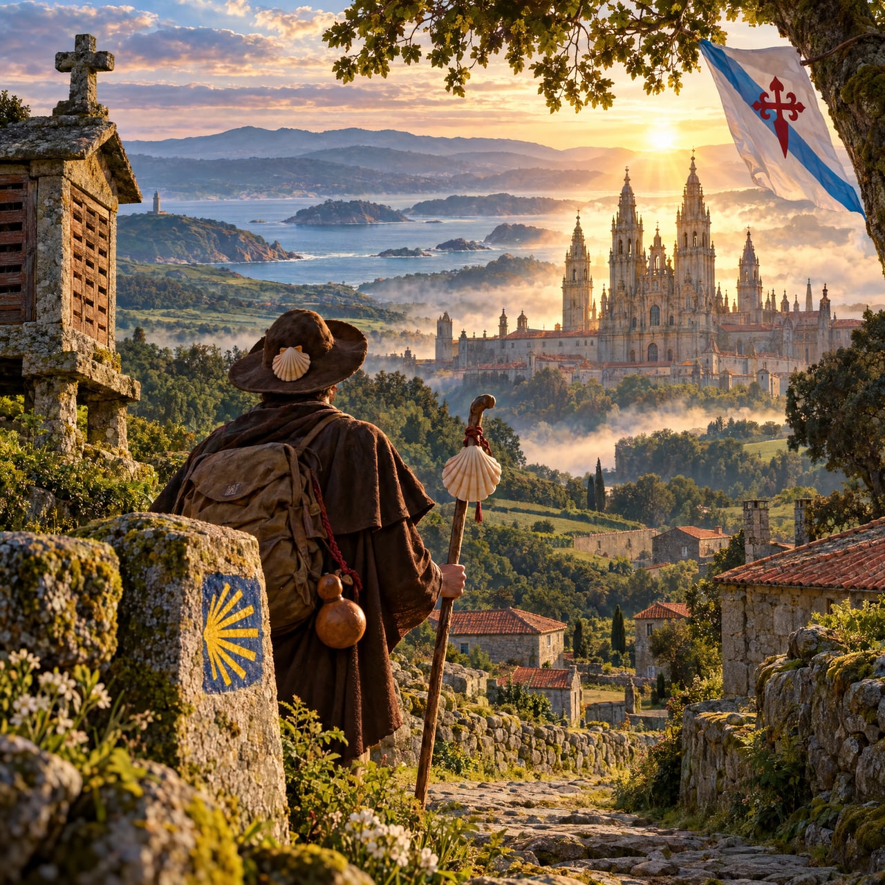 Santiago: concha de peregrino y torres de la catedral en Galicia