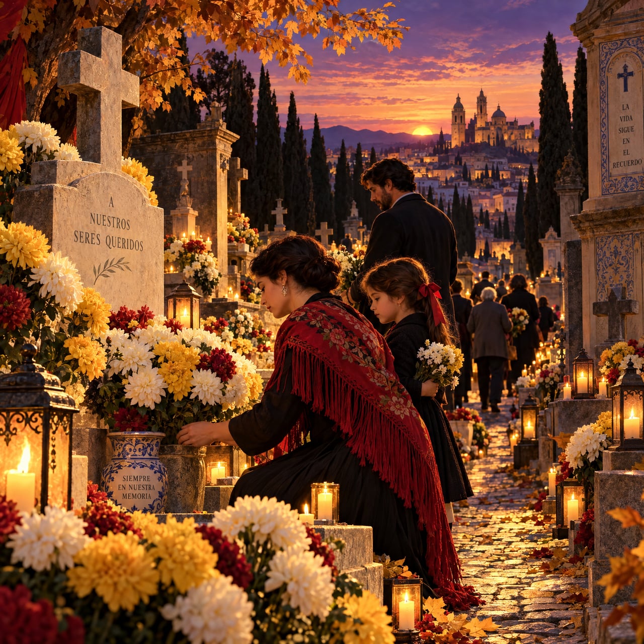 Día siguiente a Todos los Santos: crisantemos y velas (ilustración del 1 de noviembre)