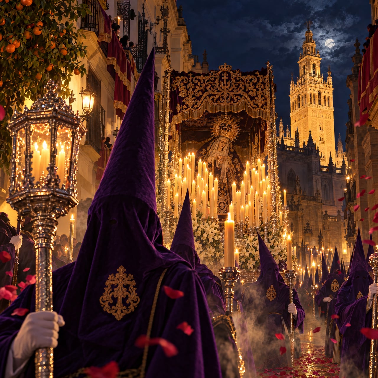 Procesión de Semana Santa: capirote morado, velas y paso dorado